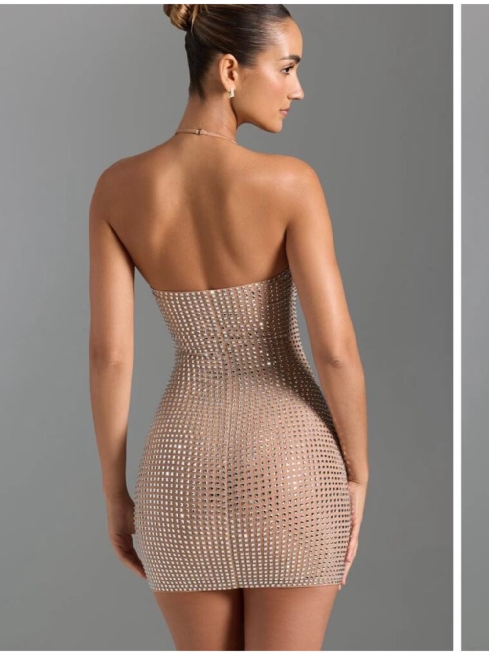 Oh Polly Amolika Embellished Halter Mini Dress Honey Nude Sequin Rhinestone US 4 - Picture 3 of 14